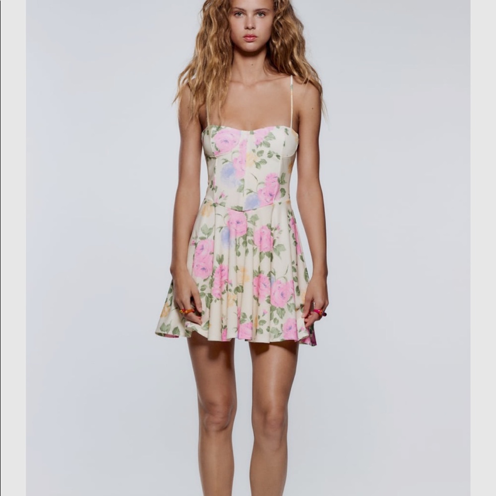 Zara Cream Mini Dress with Pink Rose Print. Worn once- Like new conditions